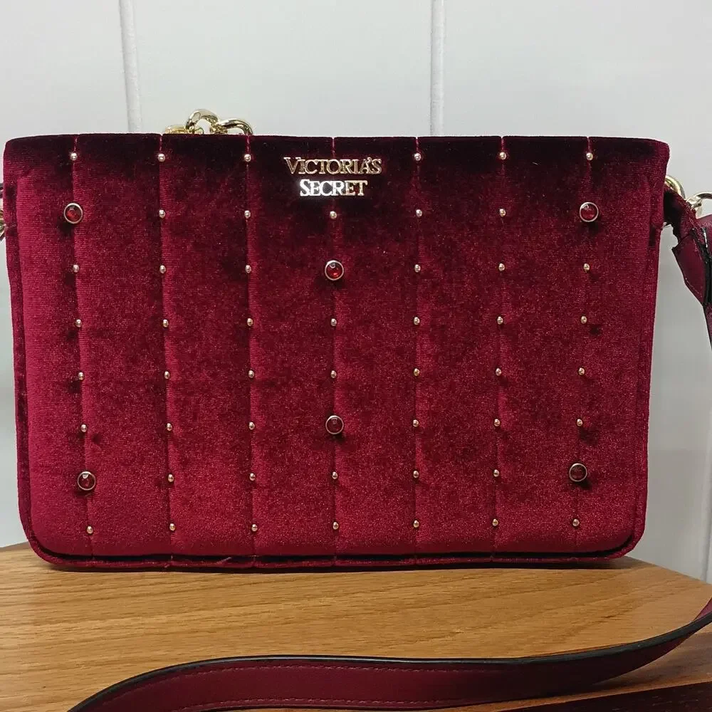 Victoria’s Secret Velvet Bond Street Shoulder Bag Cranberry Gold tone Chain Stud